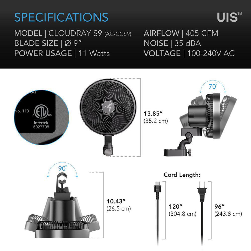 CLOUDRAY S9, grow tent clip fan 225 mm, EC motor, automatic oscillation, 10-stage dynamic wind modes and fan speeds